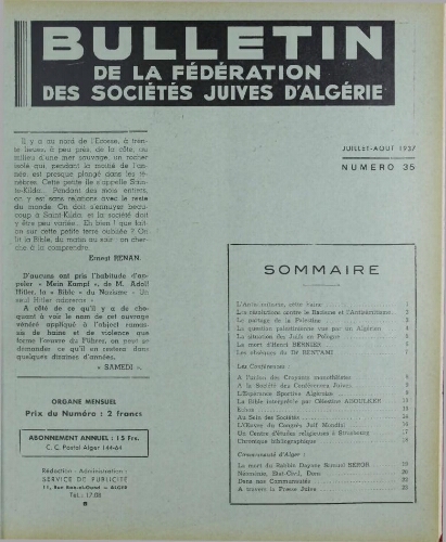 Bulletin de la Fédération des sociétés juives d’Algérie  V°04 N°35 (01/07/1937)